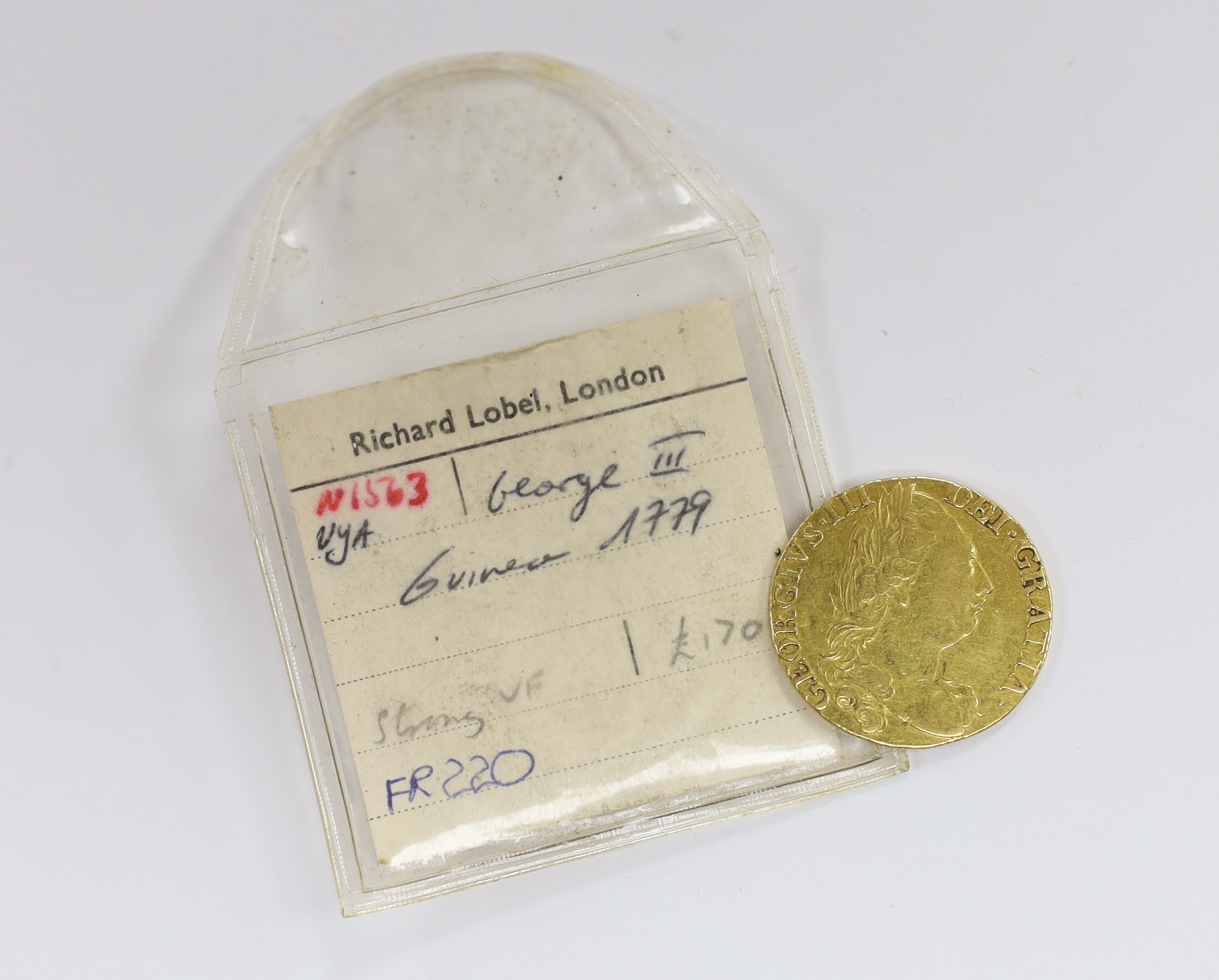 British gold coins - A George III gold guinea, 1779, fourth head, VF, (S3728), Provenance - bought from Richard Lobel and co, London, 7th March 1977 for £170.